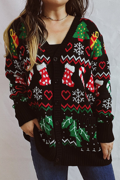 Velina Moda | Casual Snowflake Christmas Tree Buttons Fabric Contrast V-Neck Outerwear
