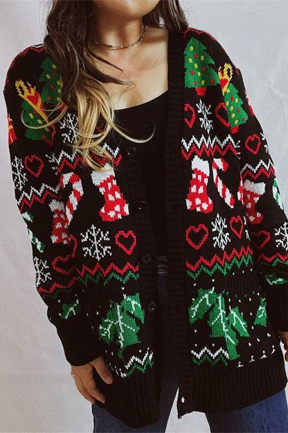 Velina Moda | Casual Snowflake Christmas Tree Buttons Fabric Contrast V-Neck Outerwear