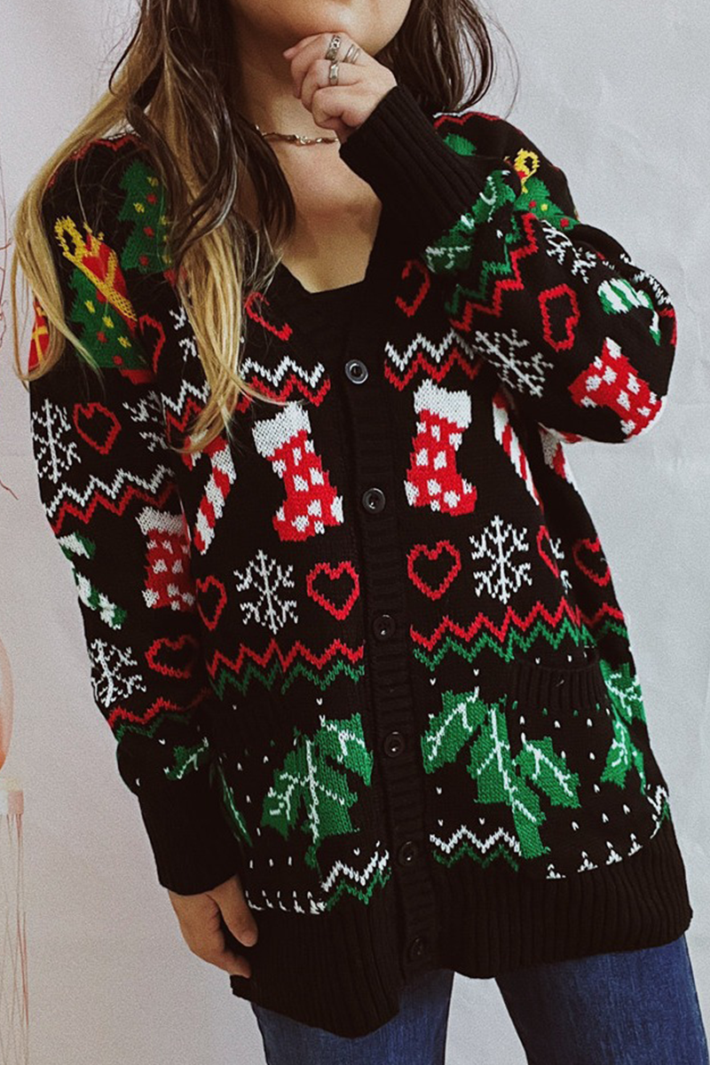 Velina Moda | Casual Snowflake Christmas Tree Buttons Fabric Contrast V-Neck Outerwear