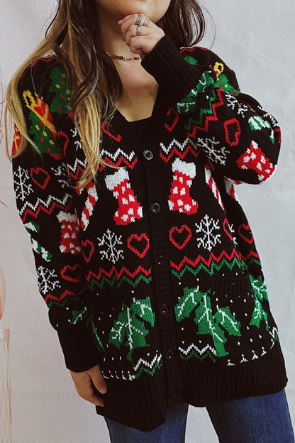 Velina Moda | Casual Snowflake Christmas Tree Buttons Fabric Contrast V-Neck Outerwear