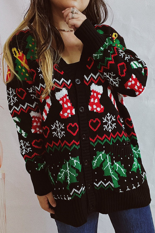 Velina Moda | Casual Snowflake Christmas Tree Buttons Fabric Contrast V-Neck Outerwear