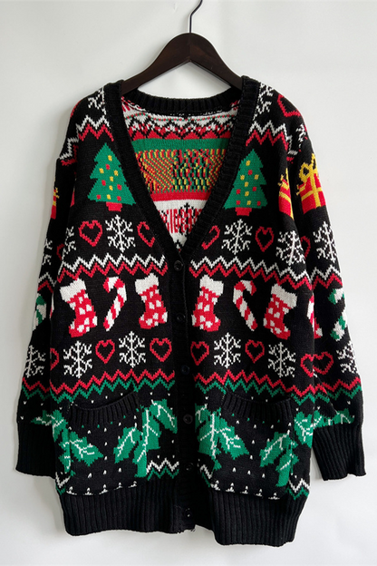 Velina Moda | Casual Snowflake Christmas Tree Buttons Fabric Contrast V-Neck Outerwear