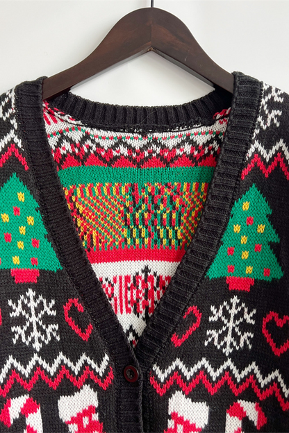 Velina Moda | Casual Snowflake Christmas Tree Buttons Fabric Contrast V-Neck Outerwear