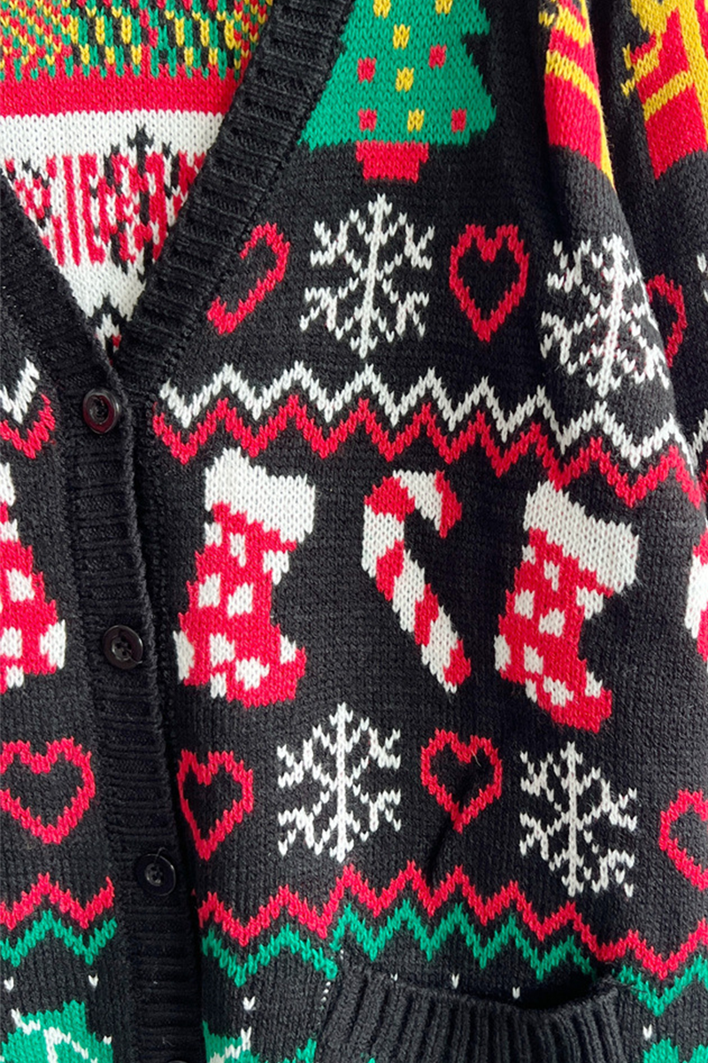 Velina Moda | Casual Snowflake Christmas Tree Buttons Fabric Contrast V-Neck Outerwear