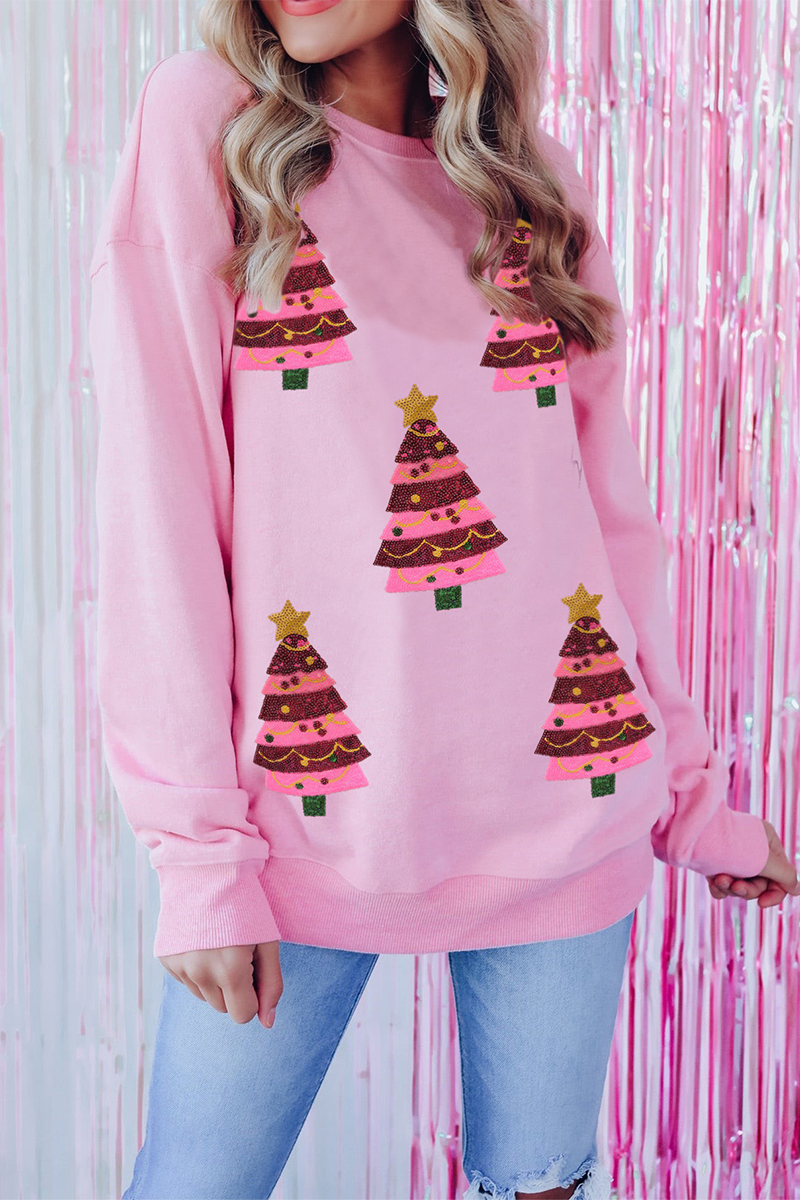 Velina Moda | Casual Christmas Tree Embroidered Sequins Round Neck Sweatshirt