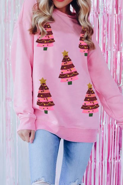 Velina Moda | Casual Christmas Tree Embroidered Sequins Round Neck Sweatshirt