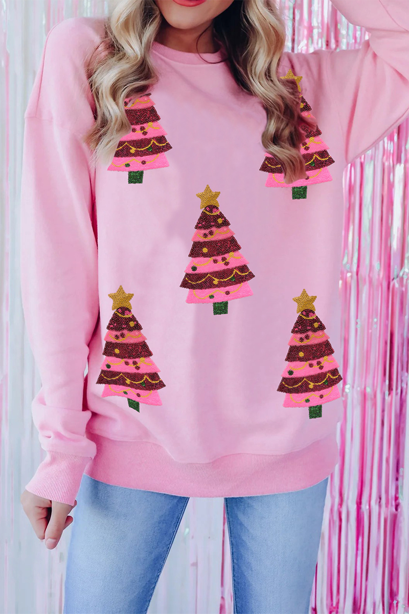 Velina Moda | Casual Christmas Tree Embroidered Sequins Round Neck Sweatshirt