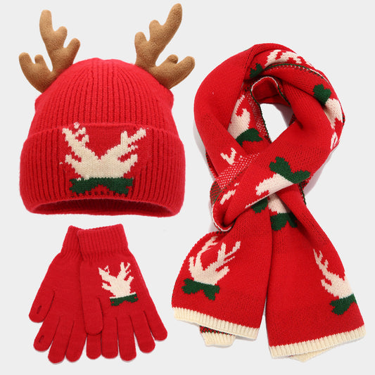 Velina Moda | Christmas Reindeer Antlers Scarf Hat Gloves Three-Piece Set (3 Colors)