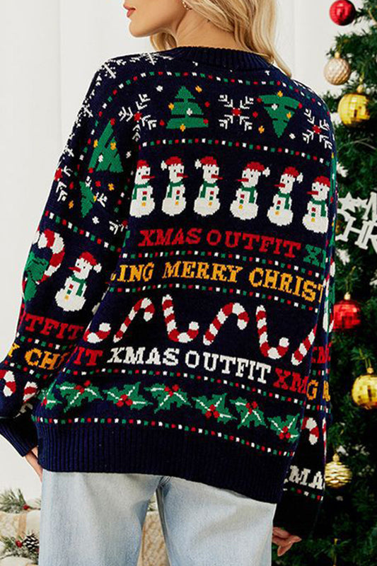 Velina Moda | Casual Daily Snowflake Christmas Tree Letters Weaving Contrast O Neck Sweater