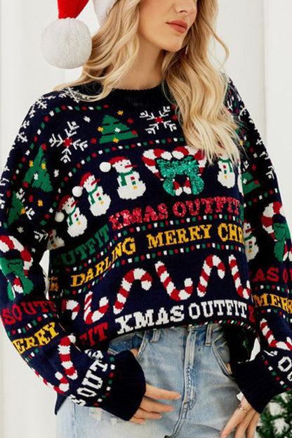 Velina Moda | Casual Daily Snowflake Christmas Tree Letters Weaving Contrast O Neck Sweater