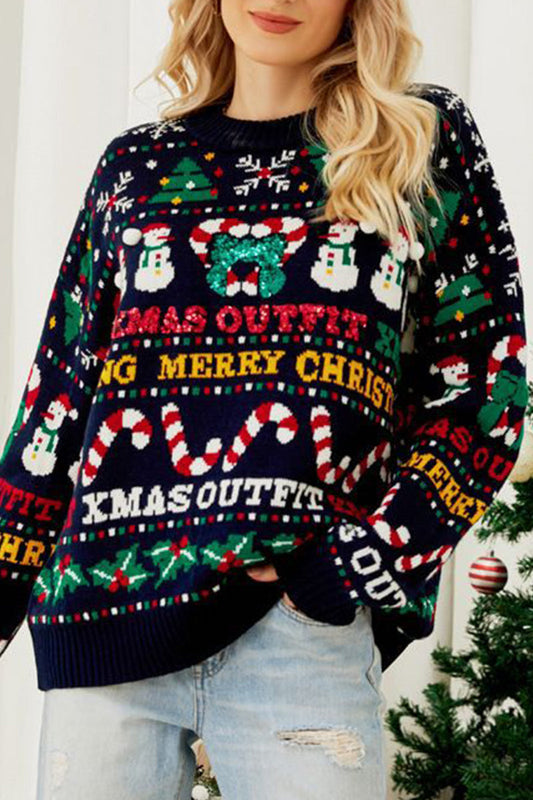 Velina Moda | Casual Daily Snowflake Christmas Tree Letters Weaving Contrast O Neck Sweater