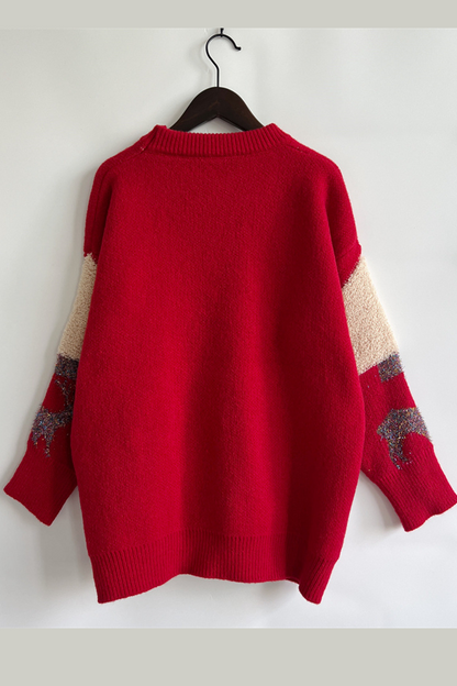 Velina Moda | Casual Christmas Tree Sequin Patch Round Neck Sweater