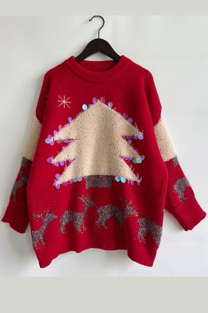 Velina Moda | Casual Christmas Tree Sequin Patch Round Neck Sweater