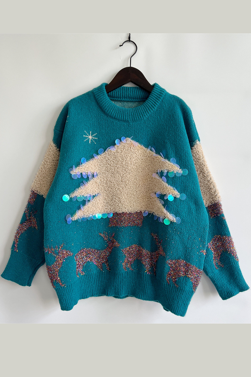 Velina Moda | Casual Christmas Tree Sequin Patch Round Neck Sweater