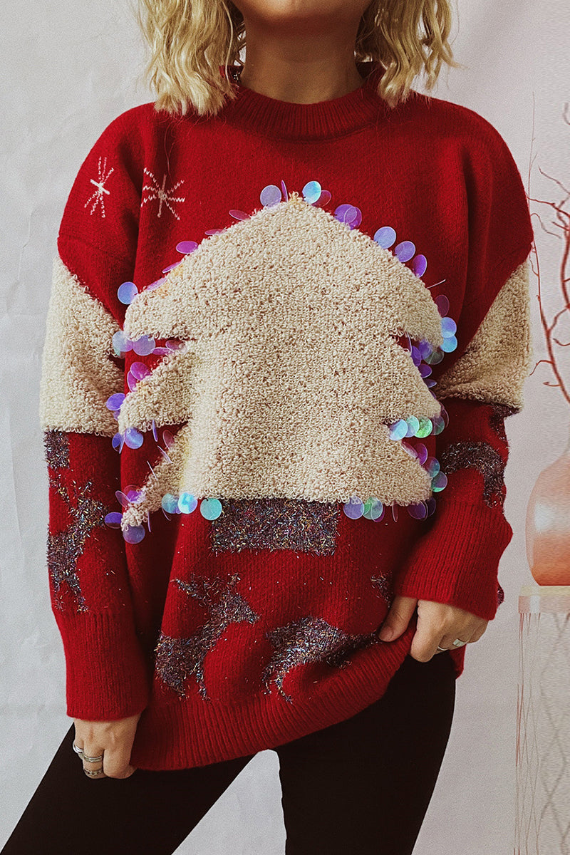 Velina Moda | Casual Christmas Tree Sequin Patch Round Neck Sweater