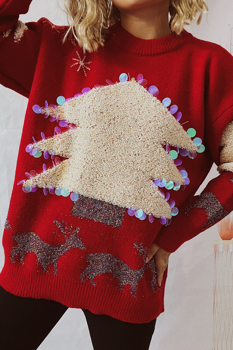 Velina Moda | Casual Christmas Tree Sequin Patch Round Neck Sweater