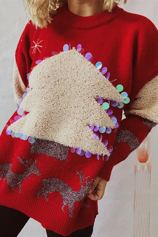 Velina Moda | Casual Christmas Tree Sequin Patch Round Neck Sweater