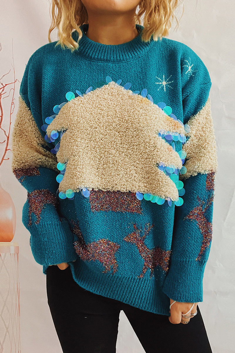 Velina Moda | Casual Christmas Tree Sequin Patch Round Neck Sweater