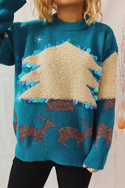 Velina Moda | Casual Christmas Tree Sequin Patch Round Neck Sweater