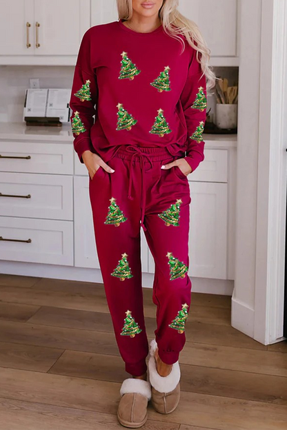 Velina Moda | Casual Party Santa Christmas Tree Candy Sequins Lace O-Neck Long Sleeve Two Pieces (3 Colors)