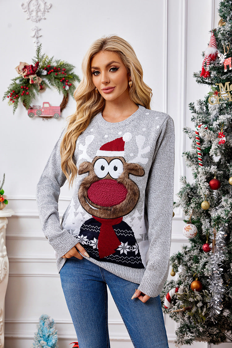 Velina Moda | Christmas Reindeer Embroidery Knit Sweater