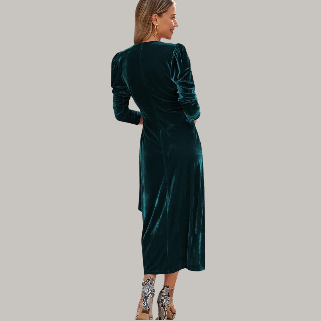 Long midi wrap dress in velvet with puff sleeves
