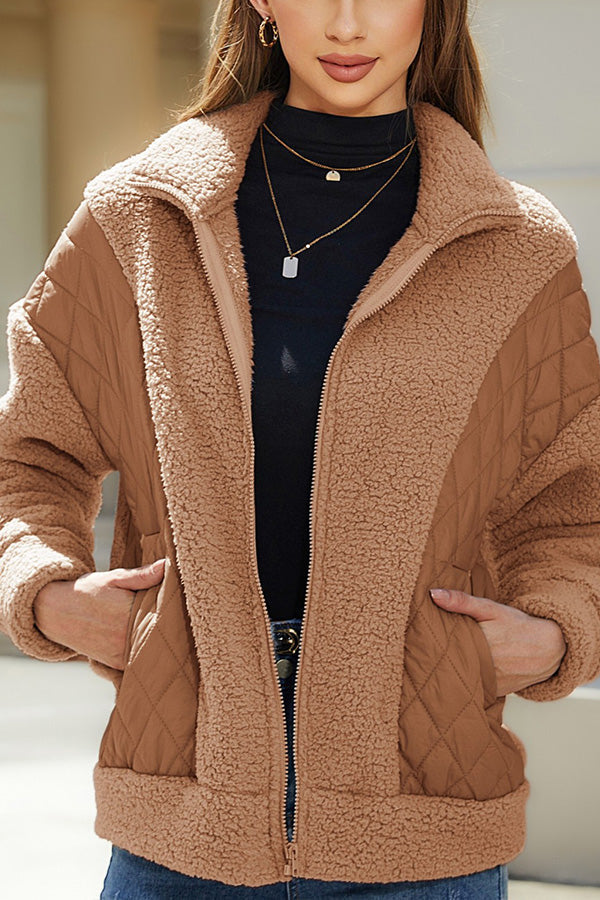 Velina Moda | Long Sleeve Cardigan with Zipper Made Of Plush Patchwork Women'S Jacket