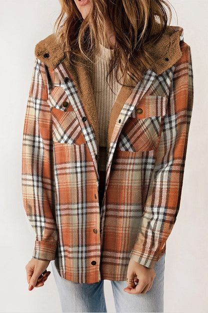 Velina Moda | Button Sherpa Lined Hooded Flannel Jacket