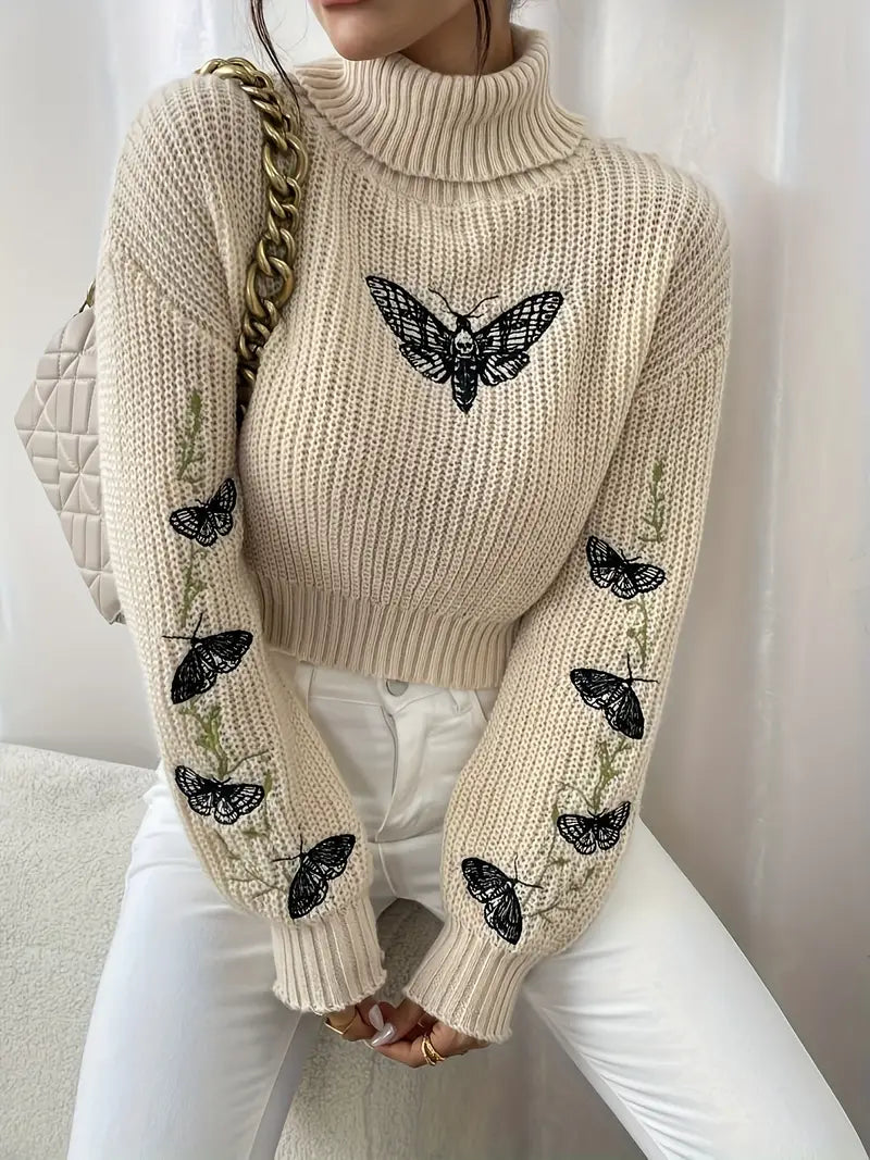 Velina Moda | Sweater with butterfly pattern and high collar - Elegant women's fashion