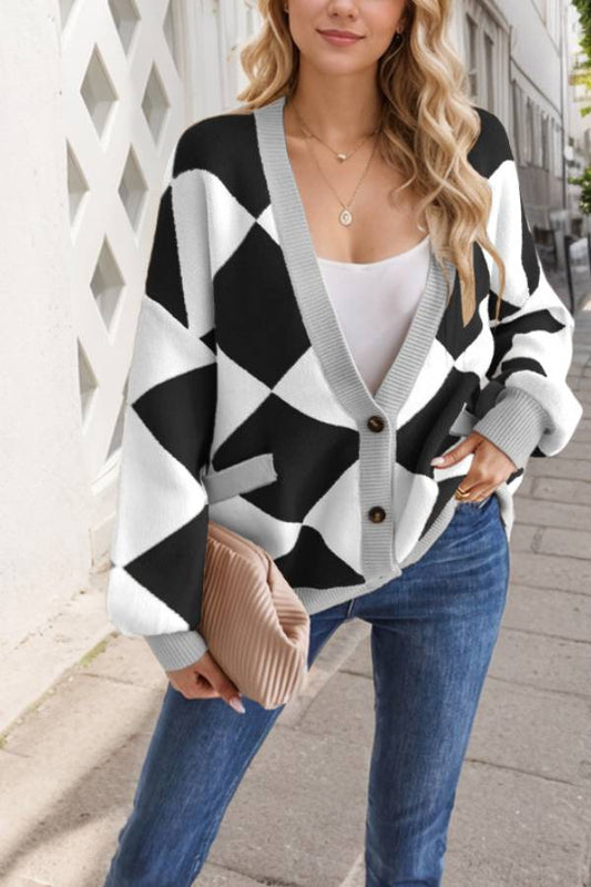 Velina Moda | Neck Diamond Stitch Contrast Color Loose Knit Cardigan Jacket for Women