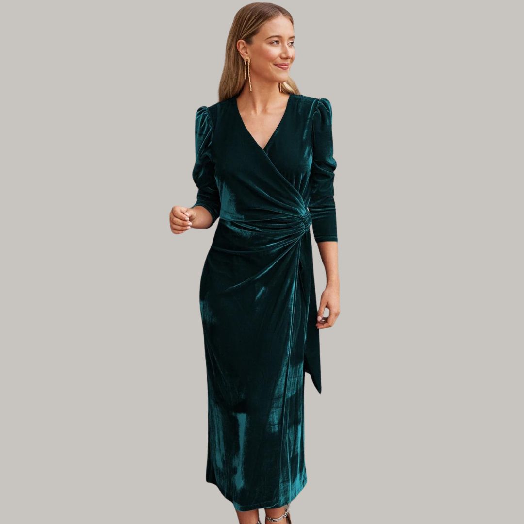Long midi wrap dress in velvet with puff sleeves