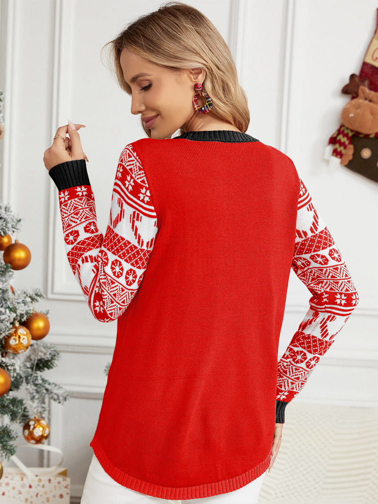 Velina Moda | Christmas Long Sleeve Cat Appliqué Round Neck Sweater