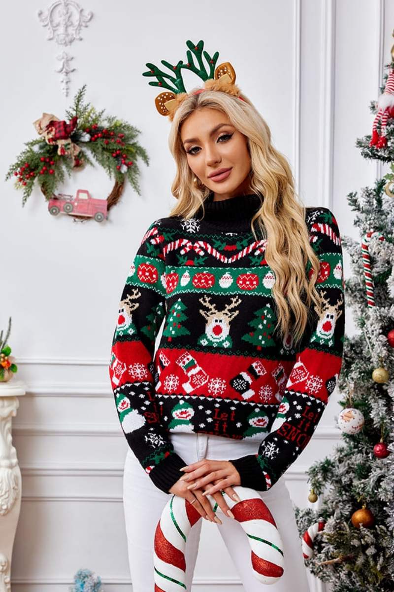 Velina Moda | High Neck Christmas Snowman Embroidery Sweater