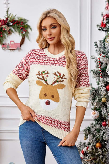 Velina Moda | Christmas Round Neck Embroidered Knit Sweater