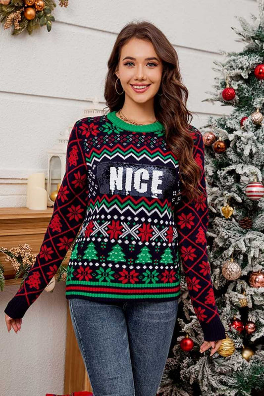 Velina Moda | Sequin Embroidered Christmas Jacquard Knit Sweater