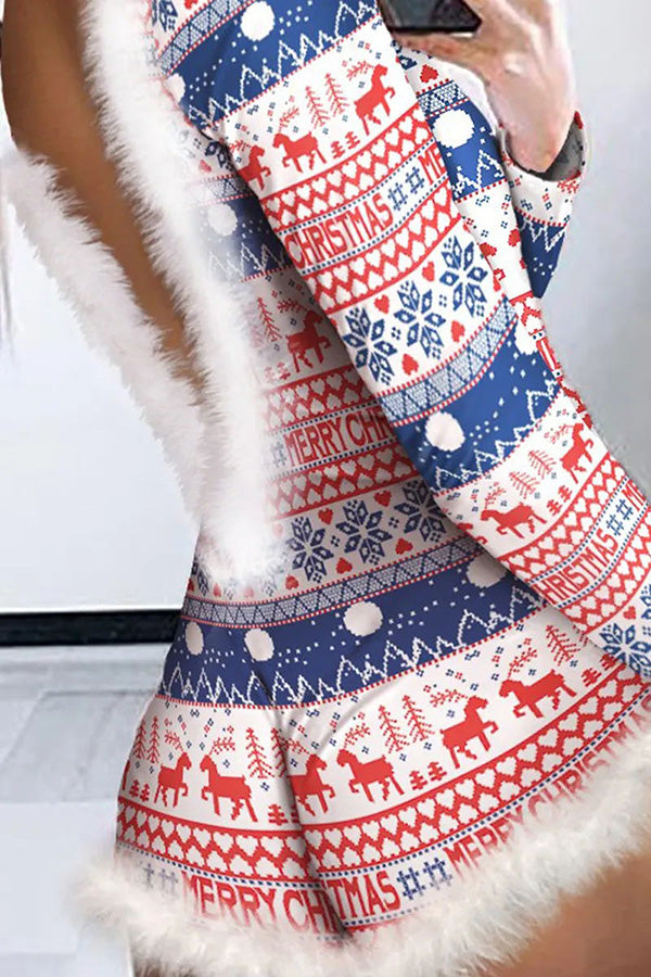 Velina Moda | Feather Christmas Print Long Sleeve Backless Romper