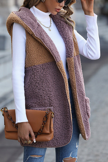 Velina Moda | Sleeveless Colorblock Pocketless Mid-Length Cardigan Puff Velour Jacket