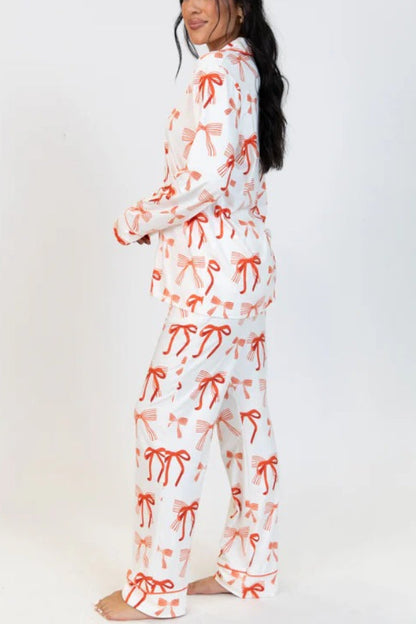 Velina Moda | Christmas Bow Print Long Sleeve Shirt and Elastic Waist Pocket Pants Set