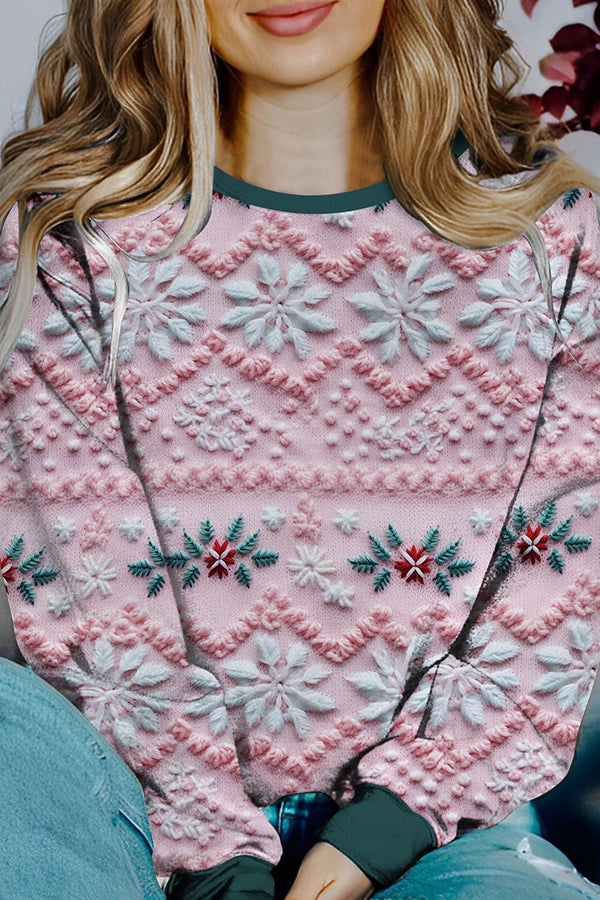 Velina Moda | Printed Christmas Contrast Color Long Sleeve Pullover Sweatshirt