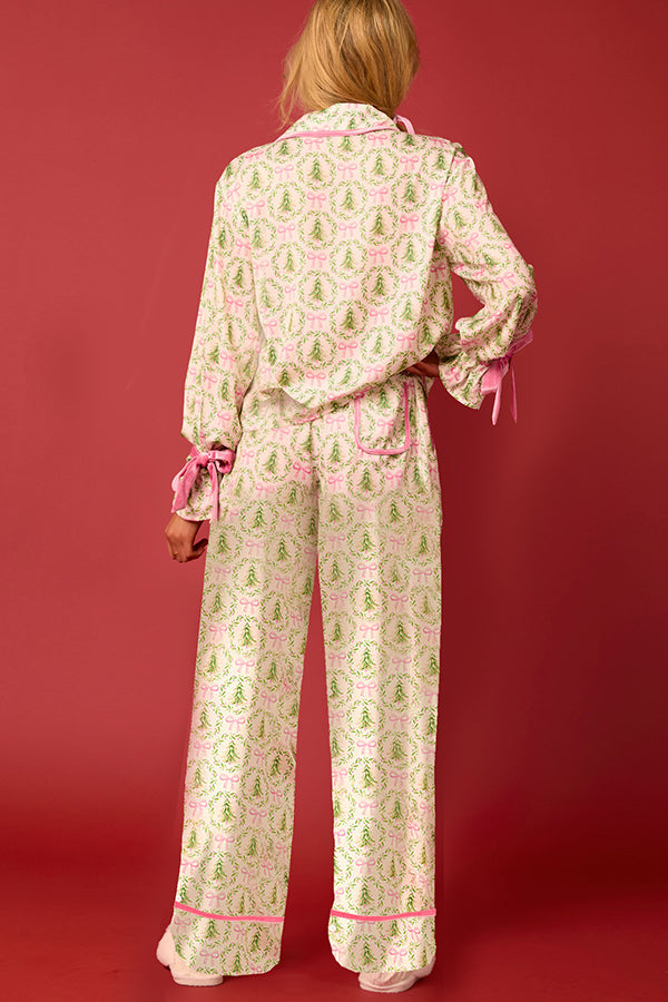 Velina Moda | Christmas Printed Velour Lacing Long Sleeve Pocket Top and Elastic Waist Pants Set