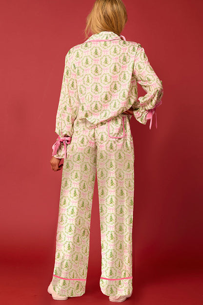 Velina Moda | Christmas Printed Velour Lacing Long Sleeve Pocket Top and Elastic Waist Pants Set