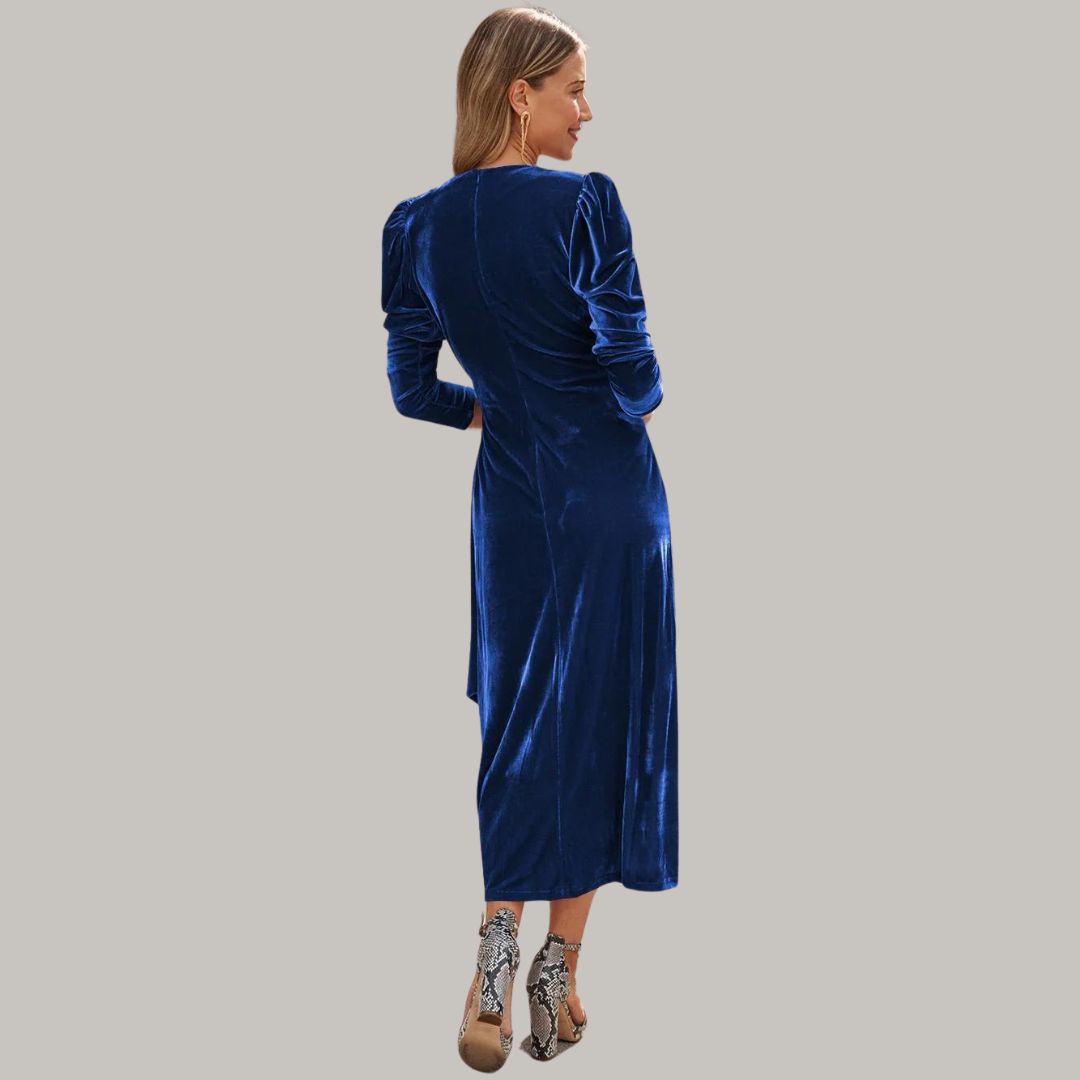Long midi wrap dress in velvet with puff sleeves