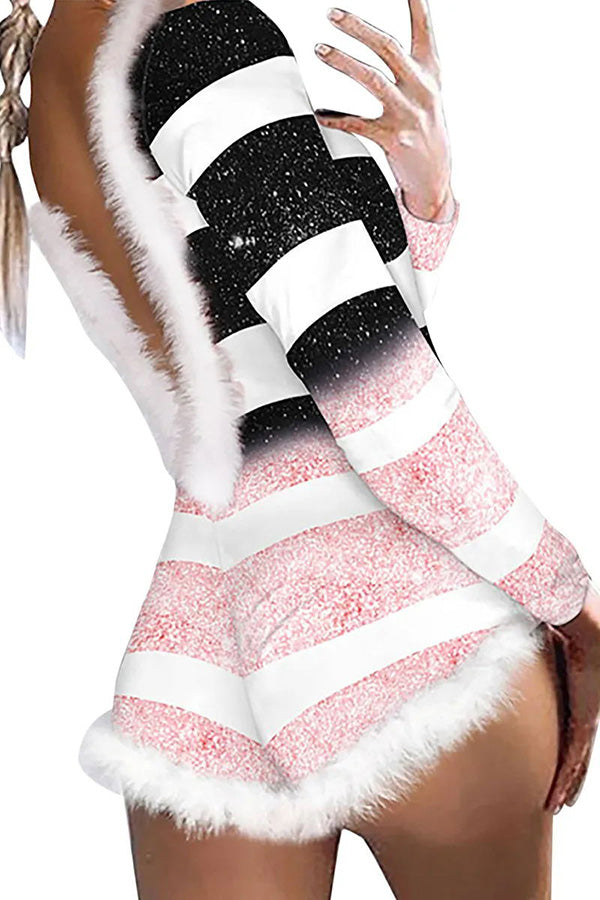 Velina Moda | Feather Christmas Print Long Sleeve Backless Romper