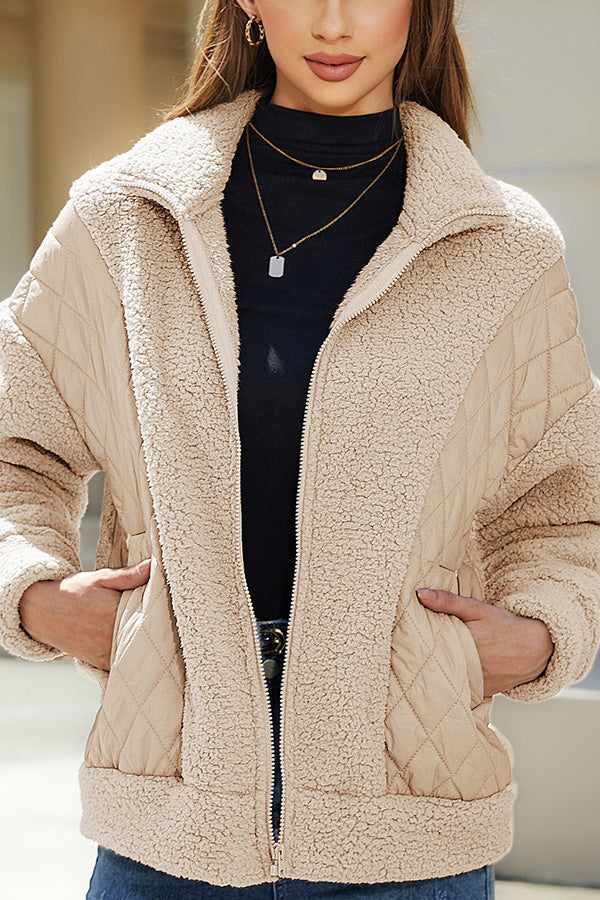 Velina Moda | Long Sleeve Cardigan with Zipper Made Of Plush Patchwork Women'S Jacket