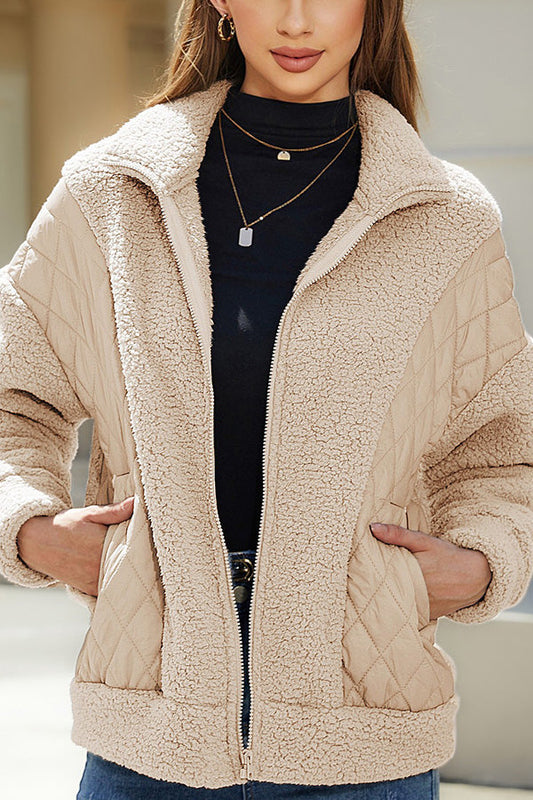 Velina Moda | Long Sleeve Cardigan with Zipper Made Of Plush Patchwork Women'S Jacket