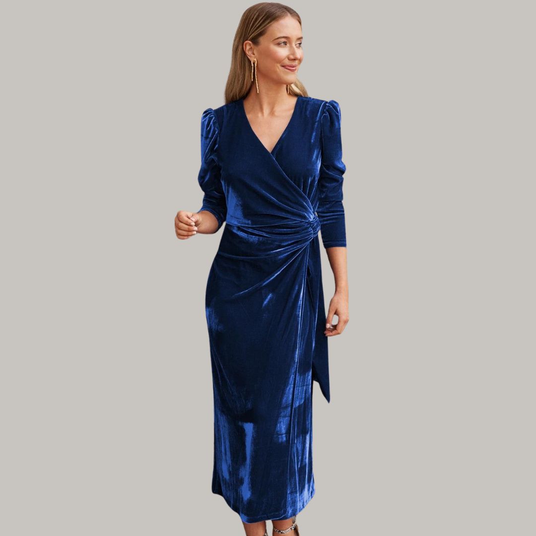 Long midi wrap dress in velvet with puff sleeves