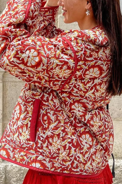 Velina Moda | Neck Floral Print Loose Quilted Cotton Jacket
