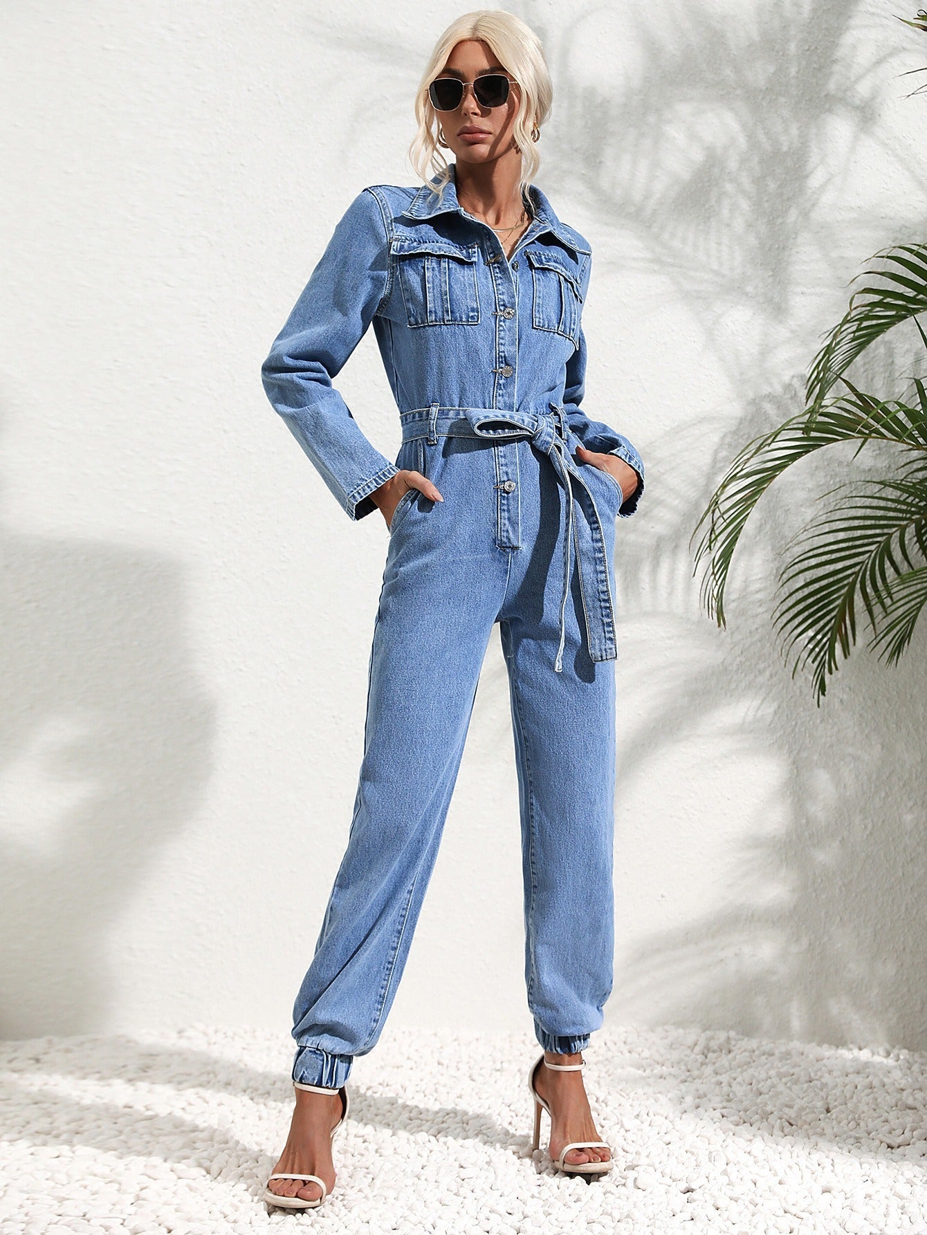 Trendy denim overalls with flap pockets