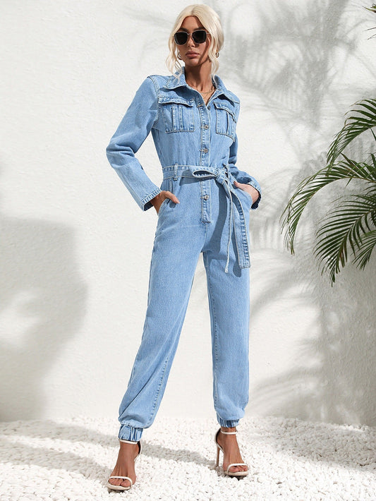 Trendy denim overalls with flap pockets