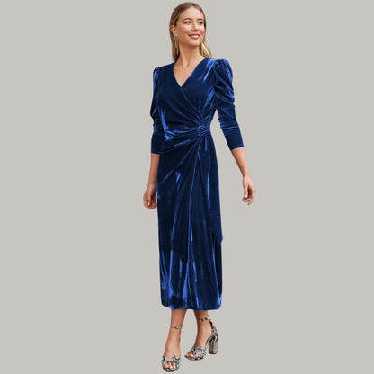 Long midi wrap dress in velvet with puff sleeves